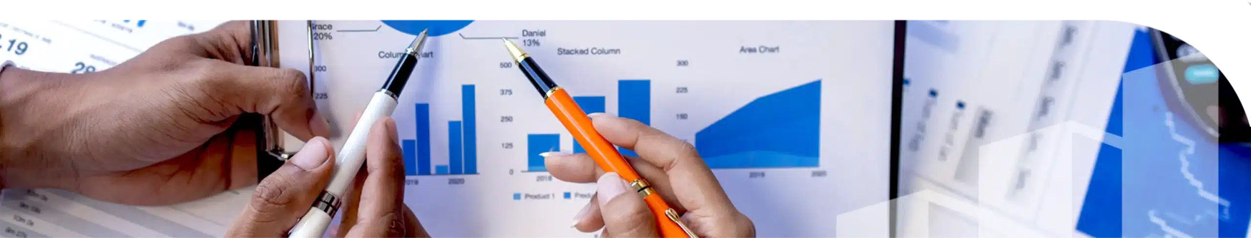 People holding a pen and pencil on a paper with charts
