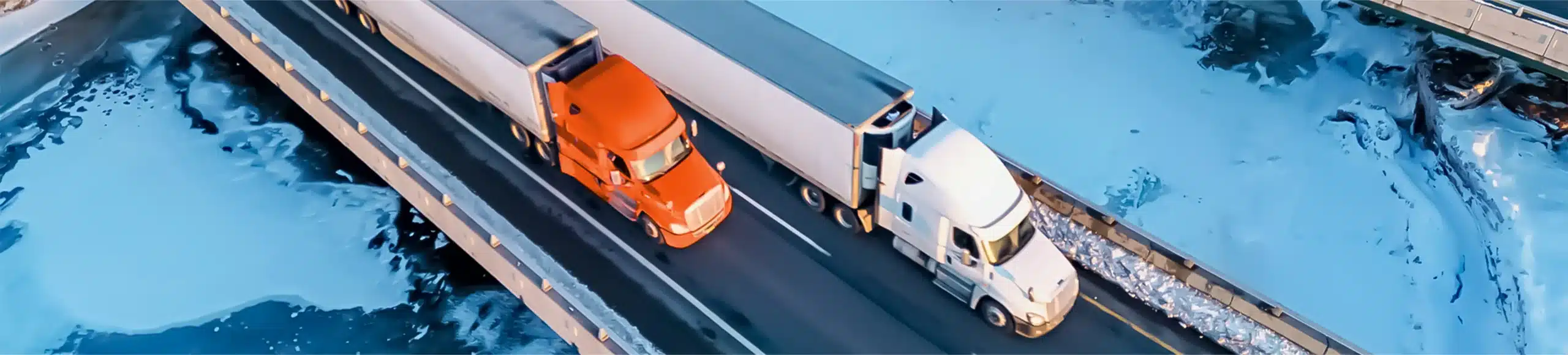 An aerial view of two tractor trailer trucks on a highway